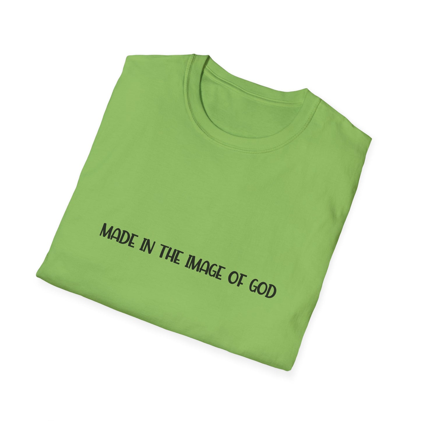 "Made in the Image of God" Christian Inspirational Softstyle Tshirt (FP Black Logo)