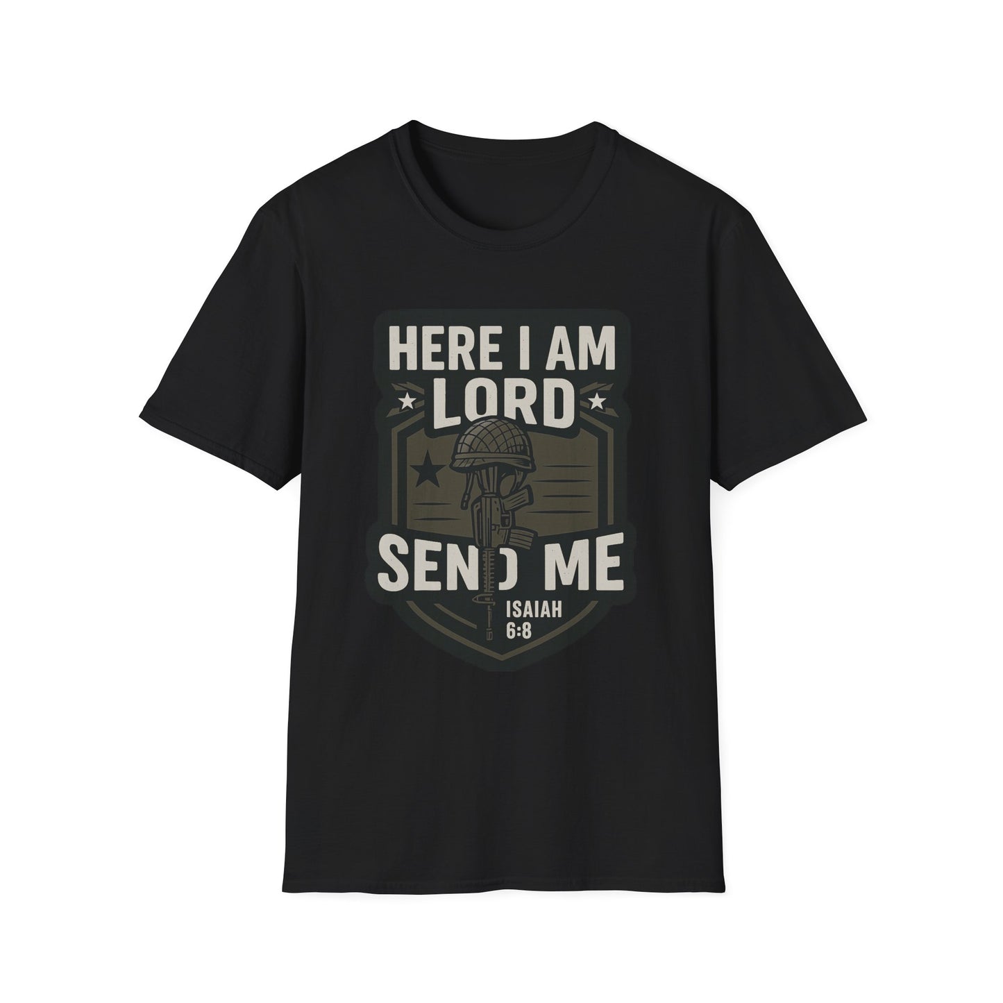 "Here I Am Lord Send Me" Bible Verse Inspirational Faith T-Shirt (Military Logo)