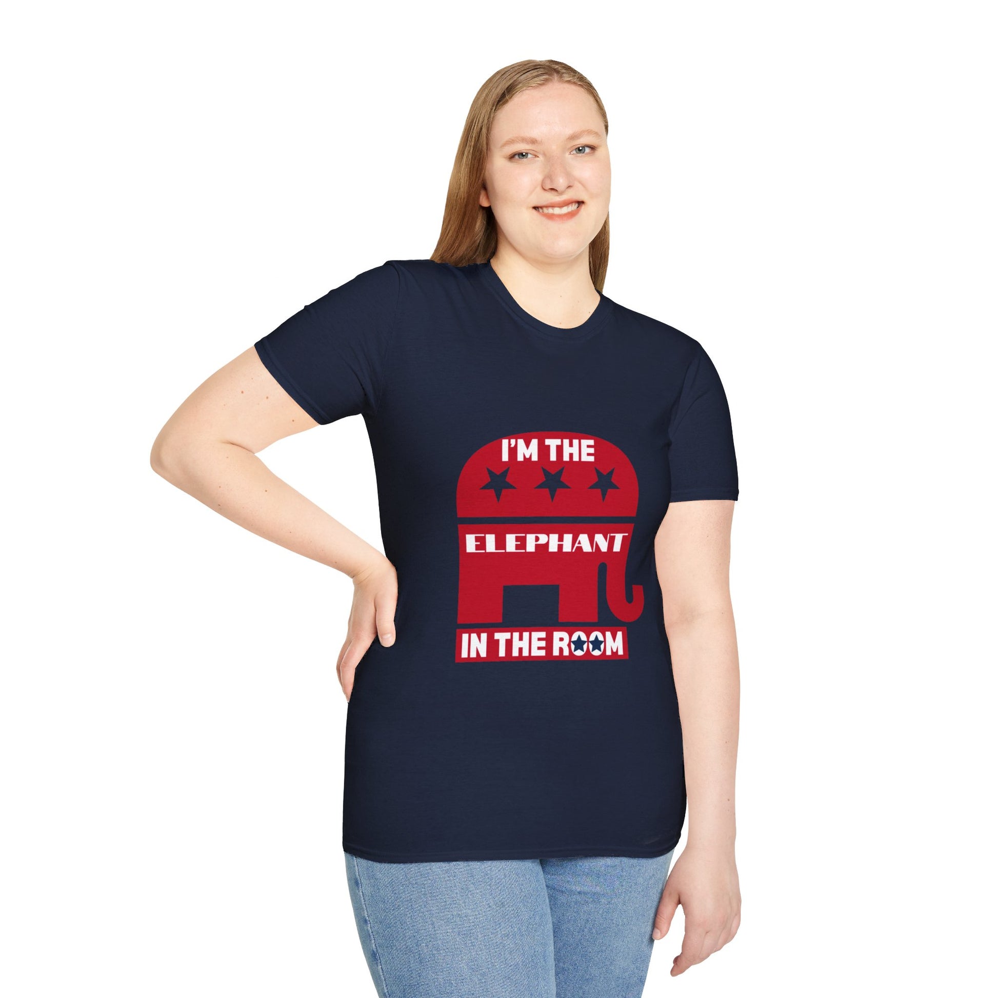 Elephant in the Room Women's Relaxed/Plus Navy Tshirt (XS-5XL) - Sweet Baby Jeez Teez