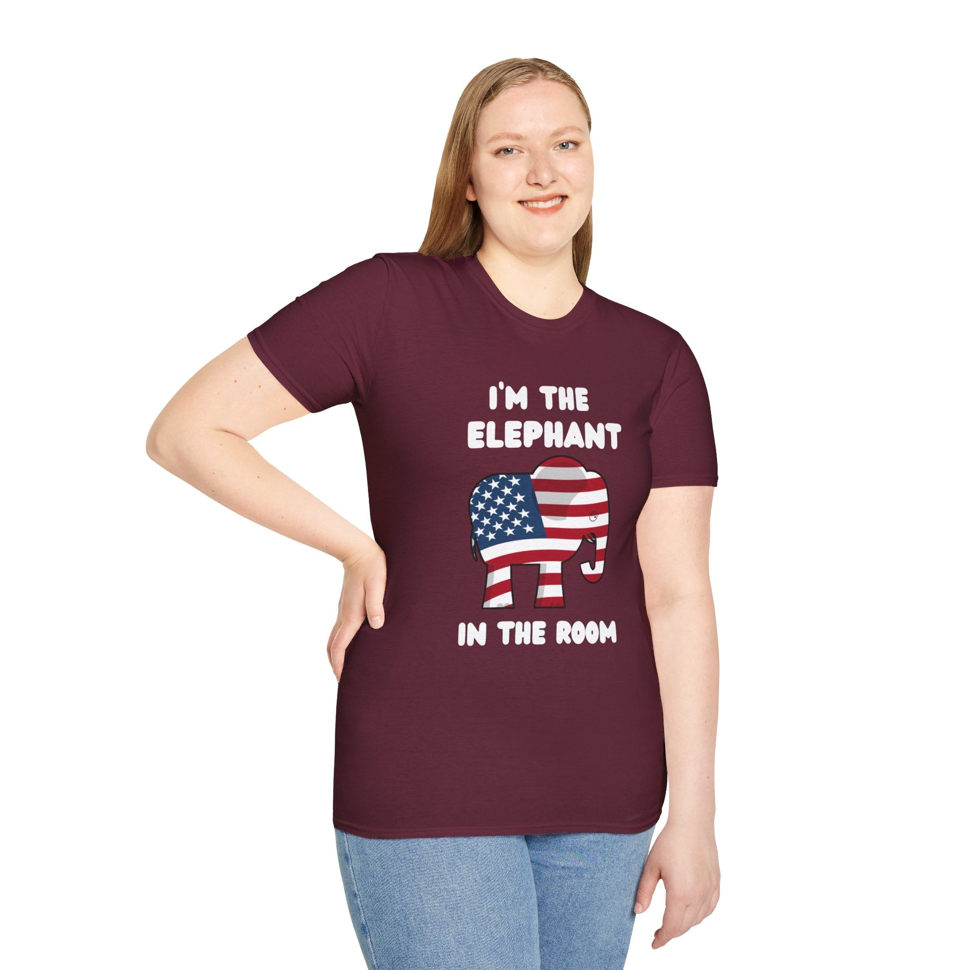 Elephant in Room Cartoon Women's Relaxed/Plus Tshirt (White Logo, Red & Gray Tshirts) - Sweet Baby Jeez Teez