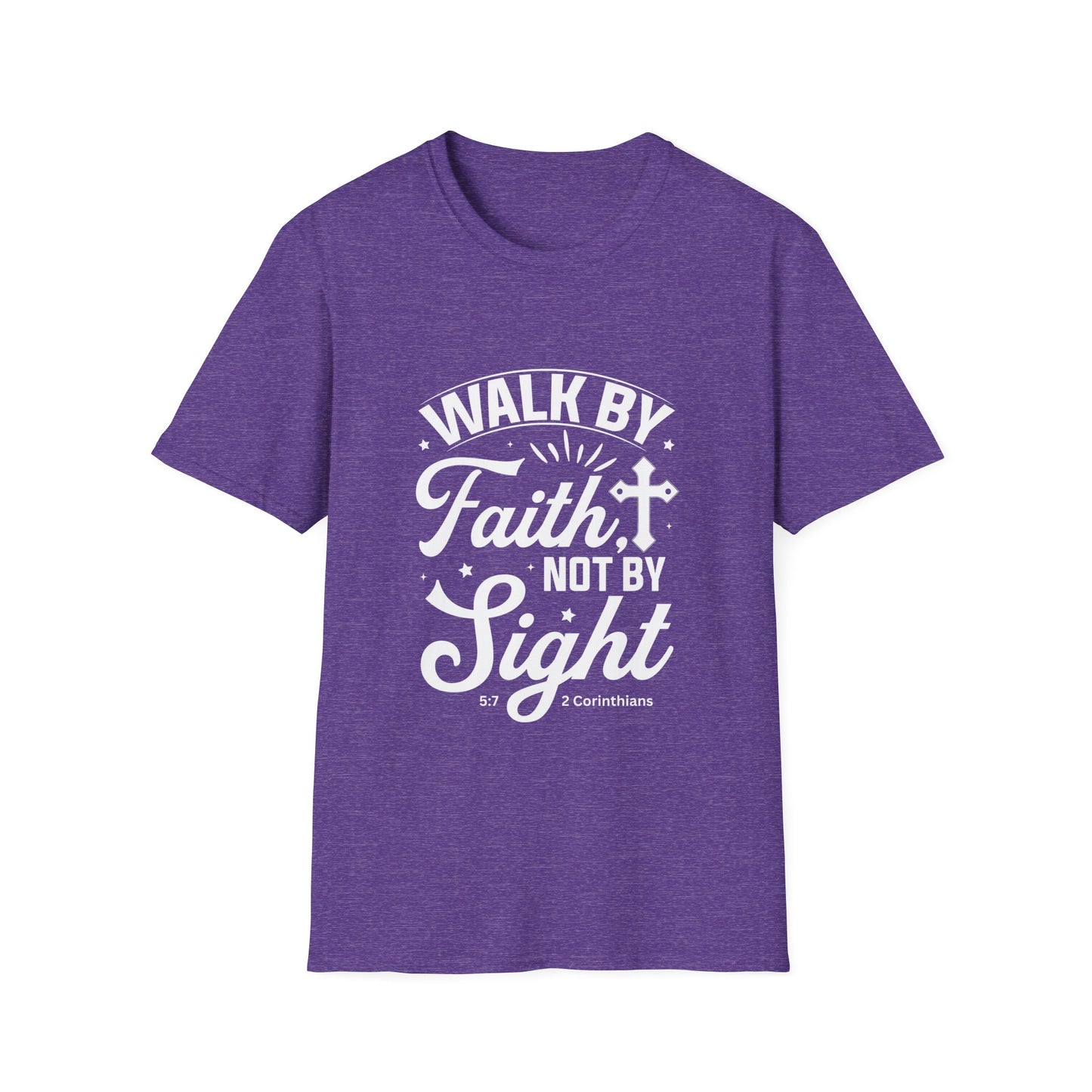 Walk by Faith 2 Corinth. 5:7 Bible Verse Christian Softstyle Tshirt (White Logo)