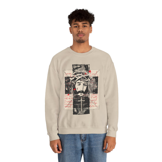 Christ on Cross with Latin Logo Men's Heavy Blend Sweatshirt - Sweet Baby Jeez Teez