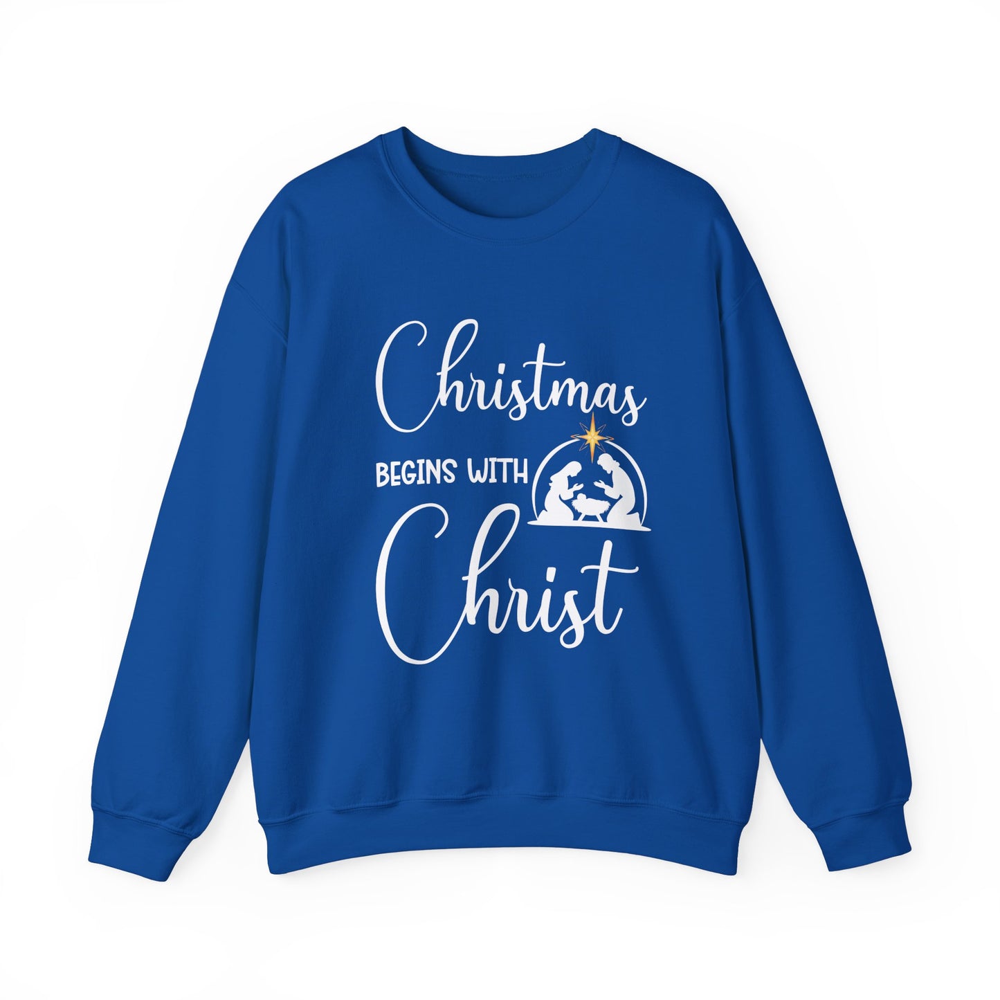 Christmas Begins with Christ Heavy Crewneck Sweatshirt (White/Gold Logo) - Sweet Baby Jeez Teez