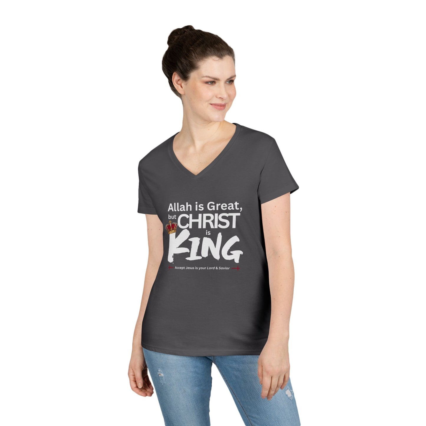"Christ is King" Women's V-Neck Tshirt (Great Logo - White) - Sweet Baby Jeez Teez