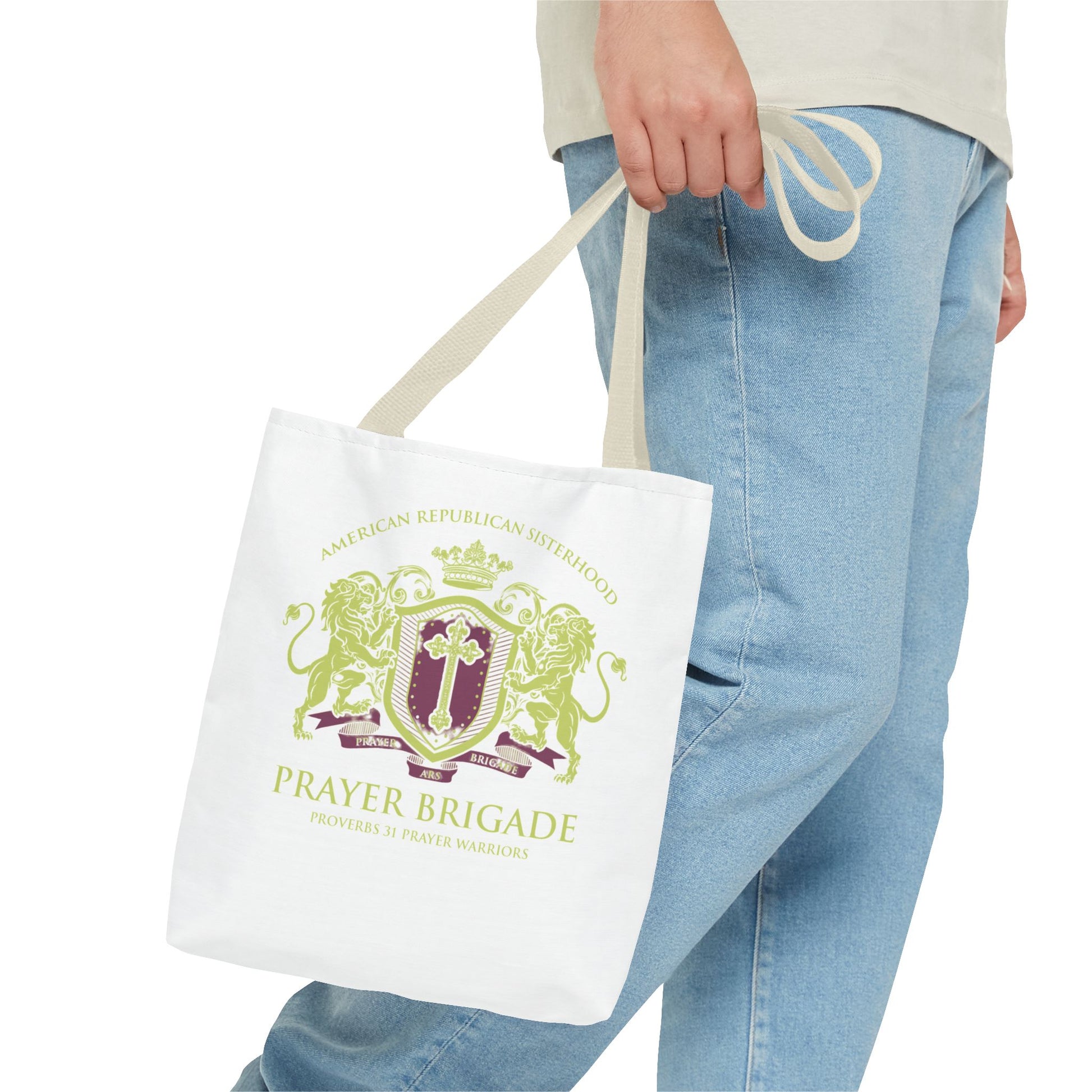 ARS Prayer Brigade Tote Bag (White with Green/Purple Logo) - Sweet Baby Jeez Teez