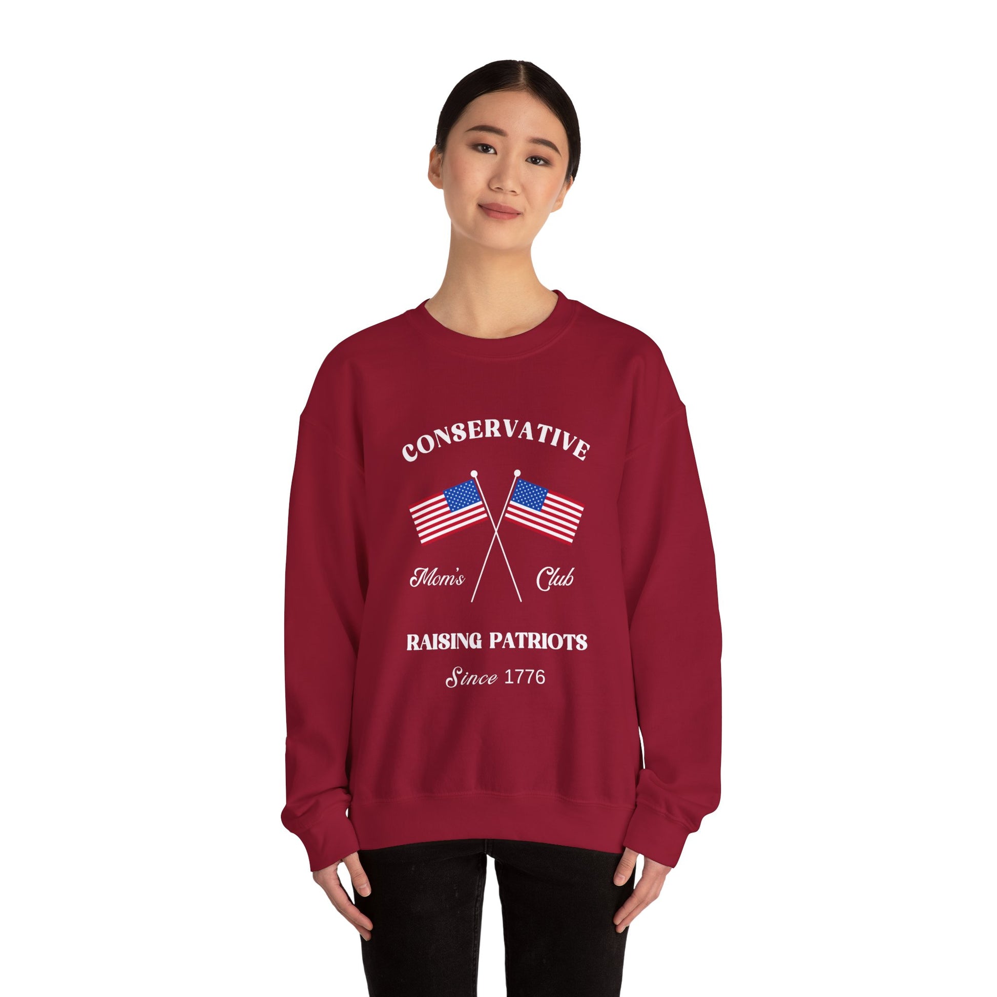 Conservative Mom's Club Crewneck Sweatshirt - Raising Patriots Since 1776 (White Logo) - Sweet Baby Jeez Teez