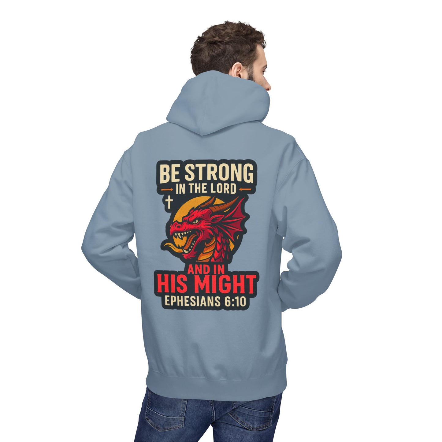 "Be Strong" Bible Verse Dragon Fleece Hoodie (Back Logo)