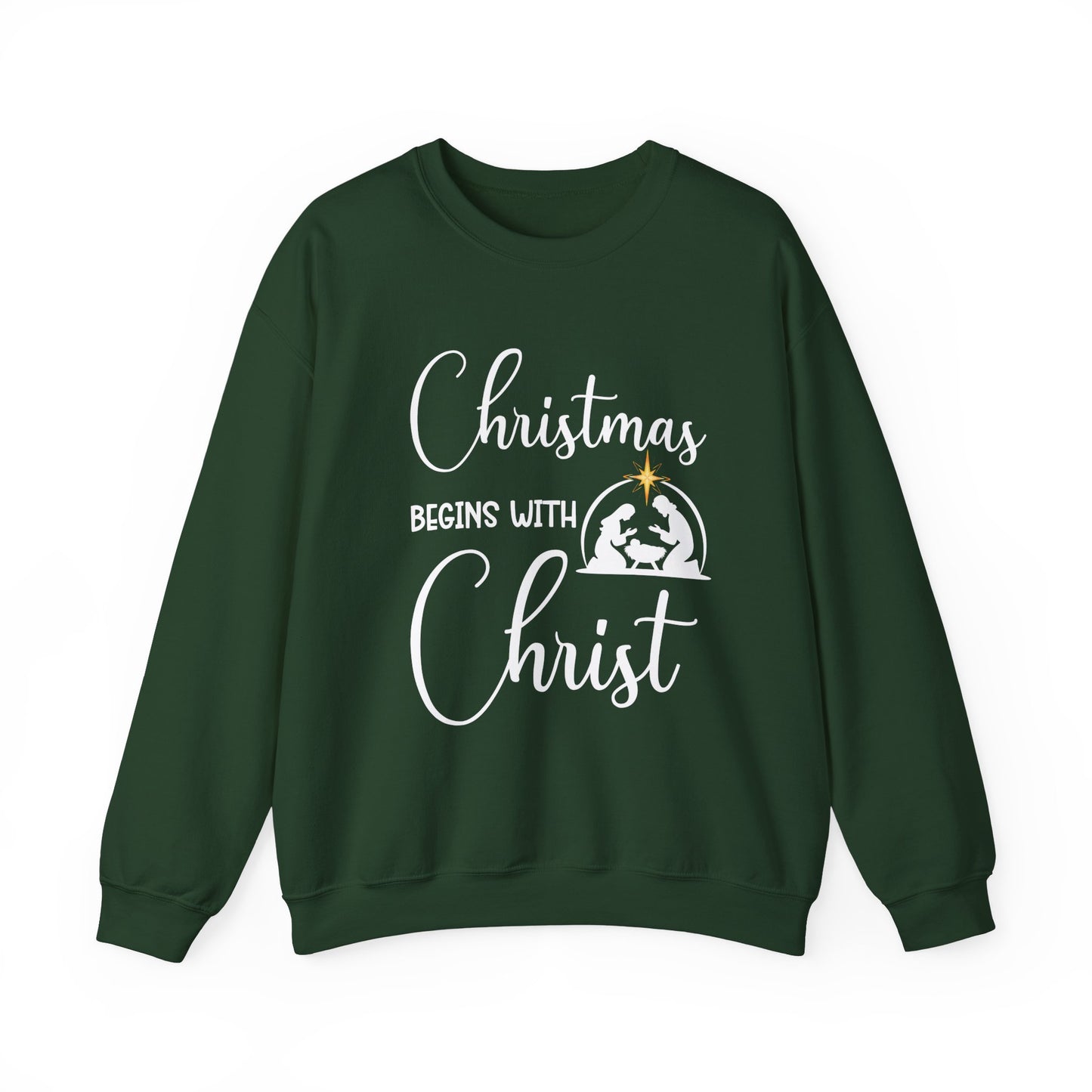 Christmas Begins with Christ Heavy Crewneck Sweatshirt (White/Gold Logo) - Sweet Baby Jeez Teez