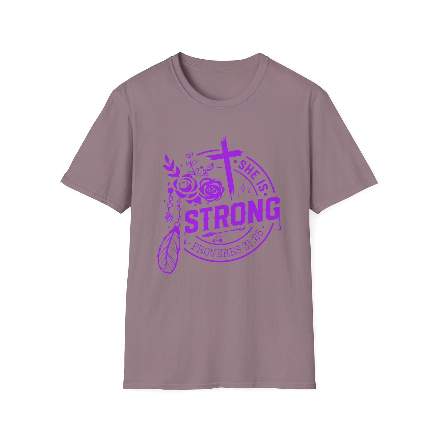"She is Strong" Proverbs 31:25 Bible Verse Relaxed Tshirt (Hot Pink Logo)