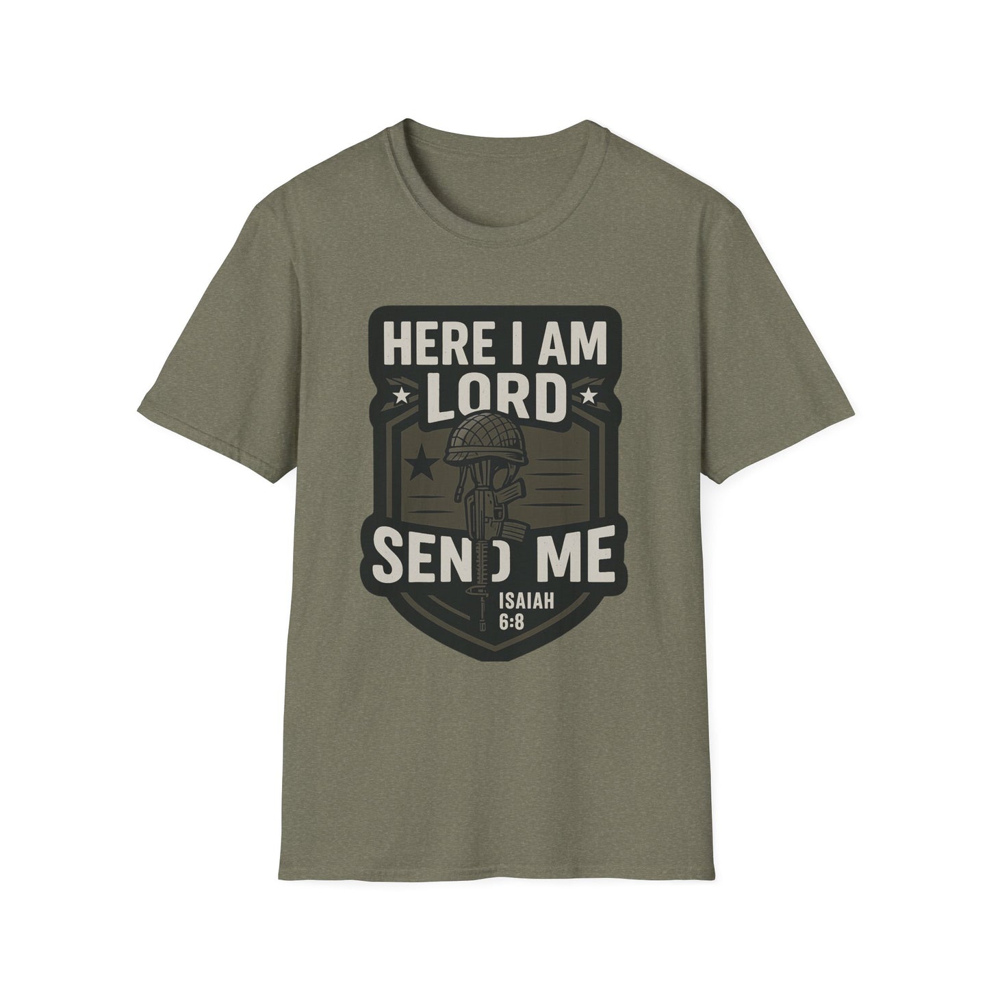 "Here I Am Lord Send Me" Bible Verse Inspirational Faith T-Shirt (Military Logo)