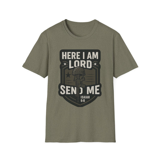 "Here I Am Lord Send Me" Bible Verse Inspirational Faith T-Shirt (Military Logo)