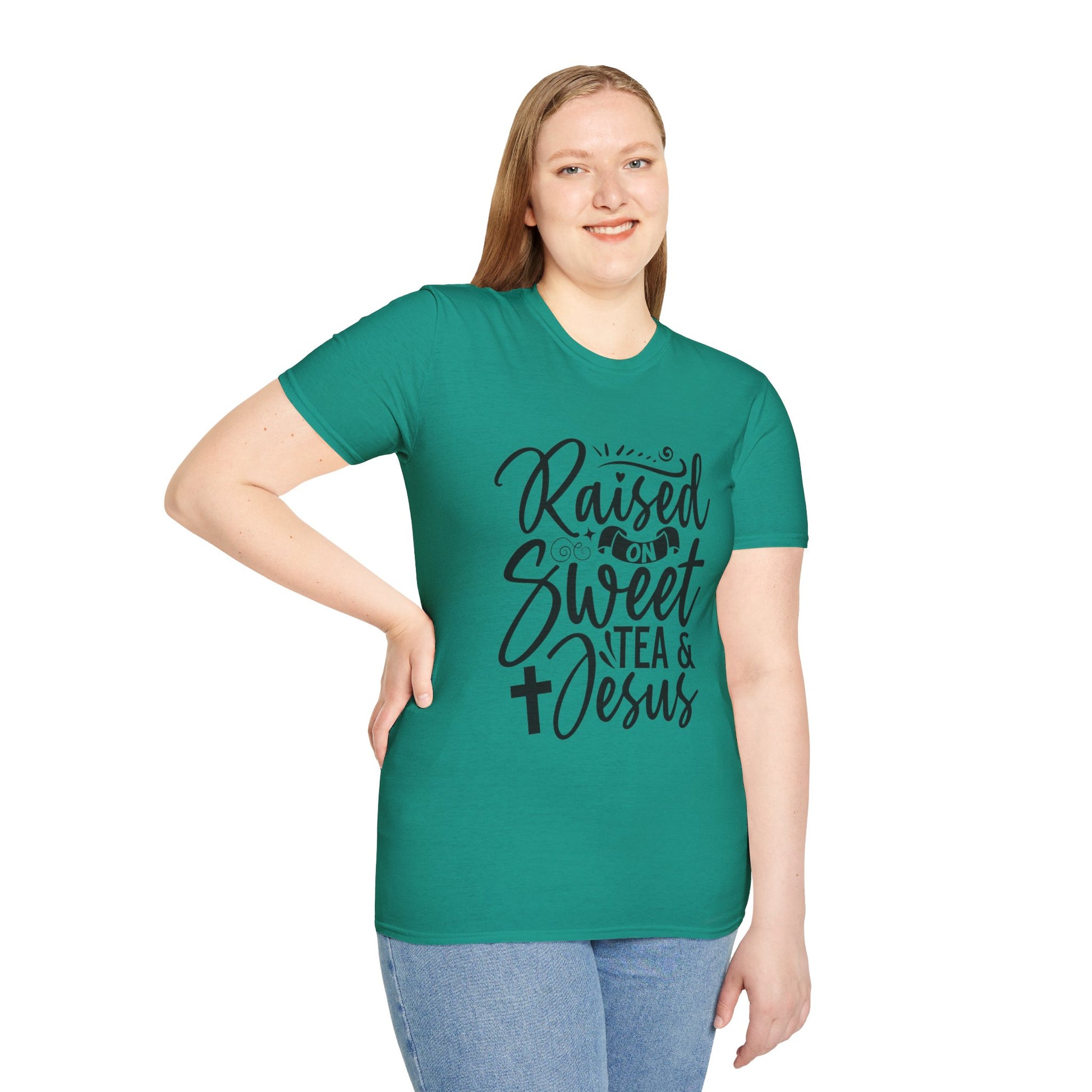 Sweet Tea and Jesus Women's Relaxed/Plus Tshirt (Black Logo) - Sweet Baby Jeez Teez