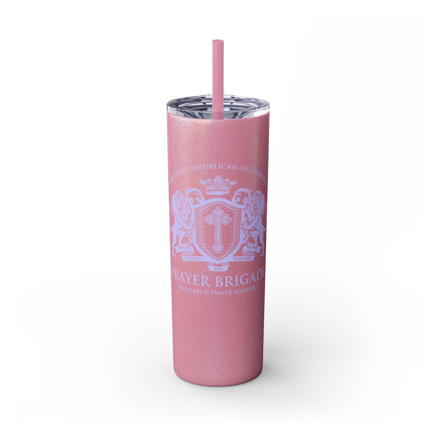 ARS Prayer Brigade Skinny Tumbler with Straw (20oz Glitter Pink with Lilac Logo) - Sweet Baby Jeez Teez