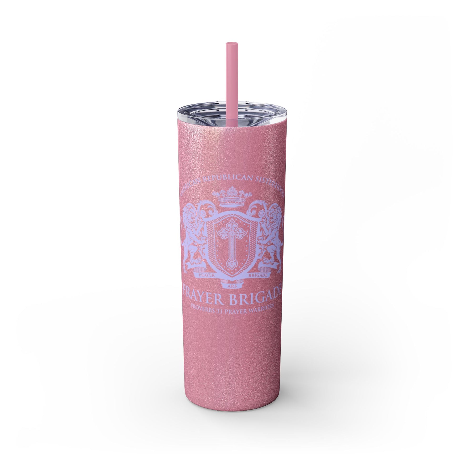 ARS Prayer Brigade Skinny Tumbler with Straw (20oz Glitter Pink with Lilac Logo) - Sweet Baby Jeez Teez
