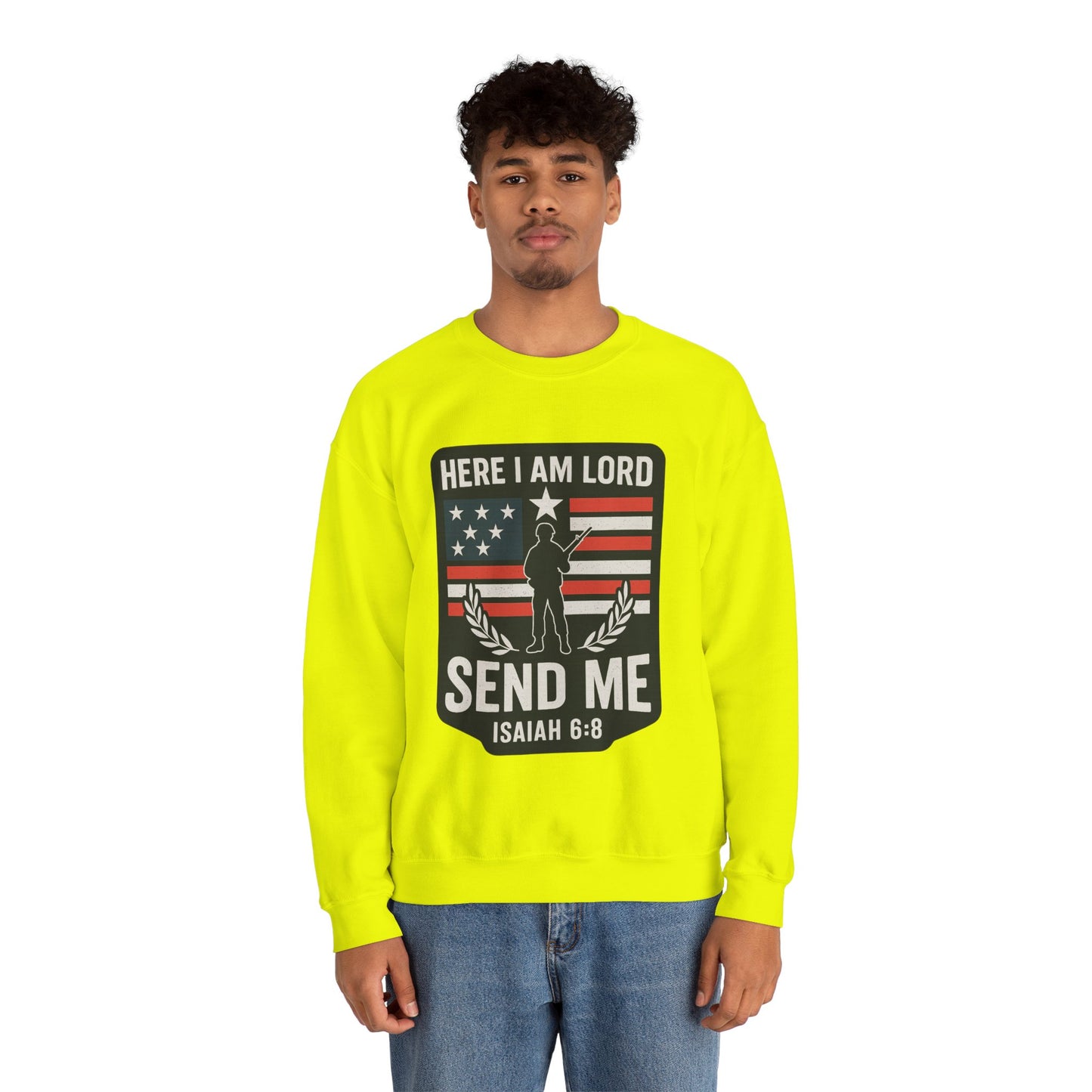 "Here I Am Lord" Isaiah 6:8 Bible Verse Christian Sweatshirt (Soldier Logo)