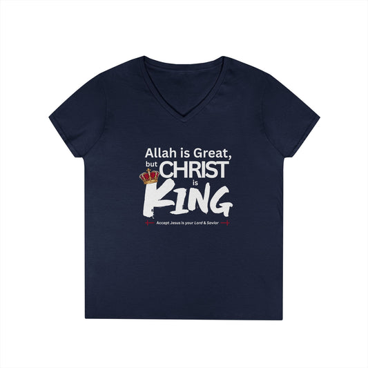 "Christ is King" Women's V-Neck Tshirt (Great Logo - White) - Sweet Baby Jeez Teez