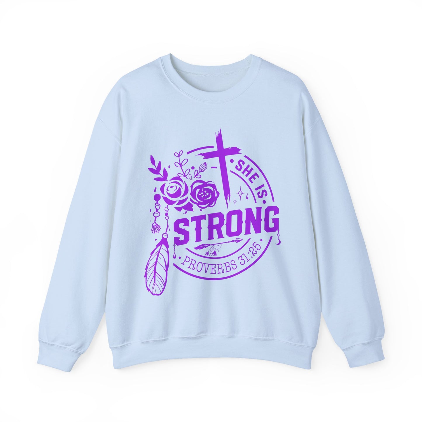 "She is Strong" Proverbs 31:25 Bible Verse Women's Sweatshirt (Hot Pink Logo)