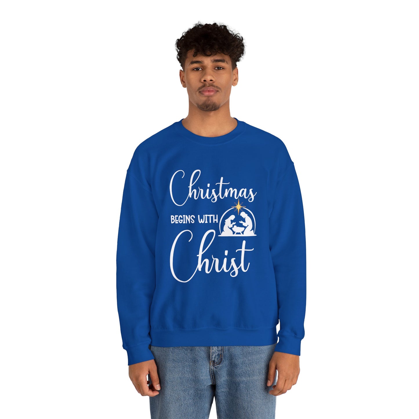 Christmas Begins with Christ Heavy Crewneck Sweatshirt (White/Gold Logo) - Sweet Baby Jeez Teez