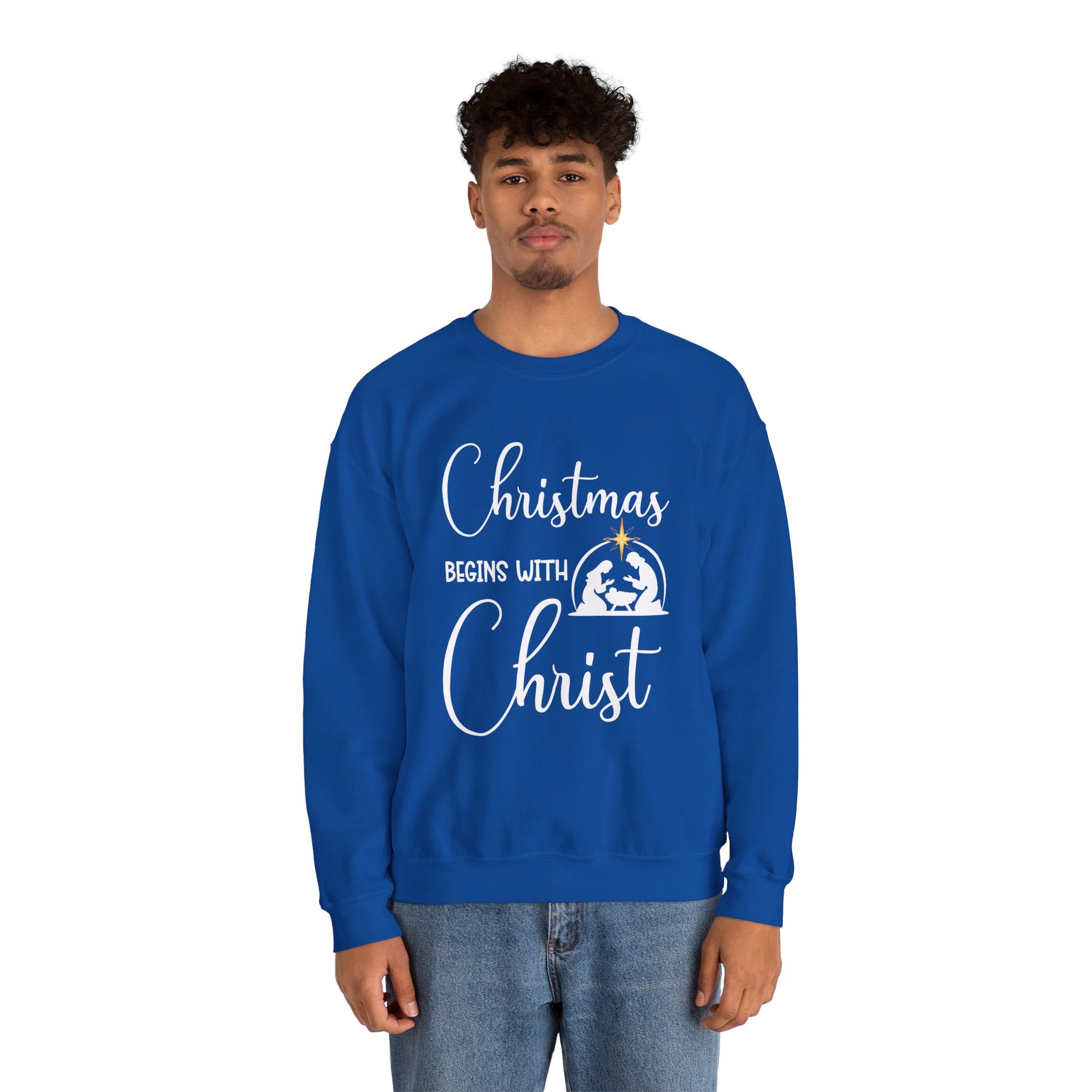Christmas Begins with Christ Heavy Crewneck Sweatshirt (White/Gold Logo) - Sweet Baby Jeez Teez