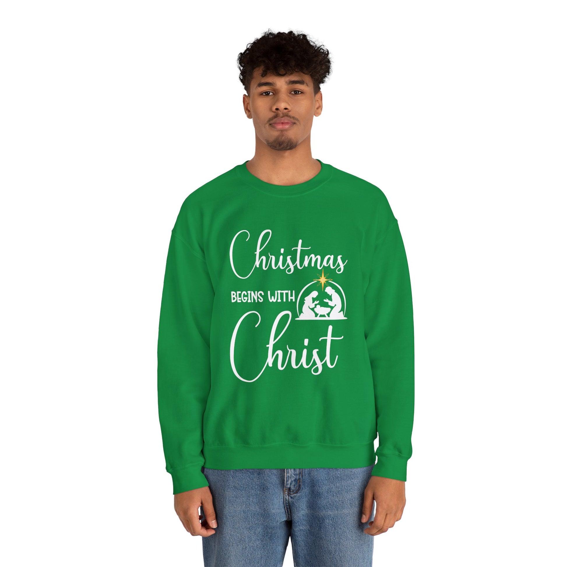 Christmas Begins with Christ Heavy Crewneck Sweatshirt (White/Gold Logo) - Sweet Baby Jeez Teez