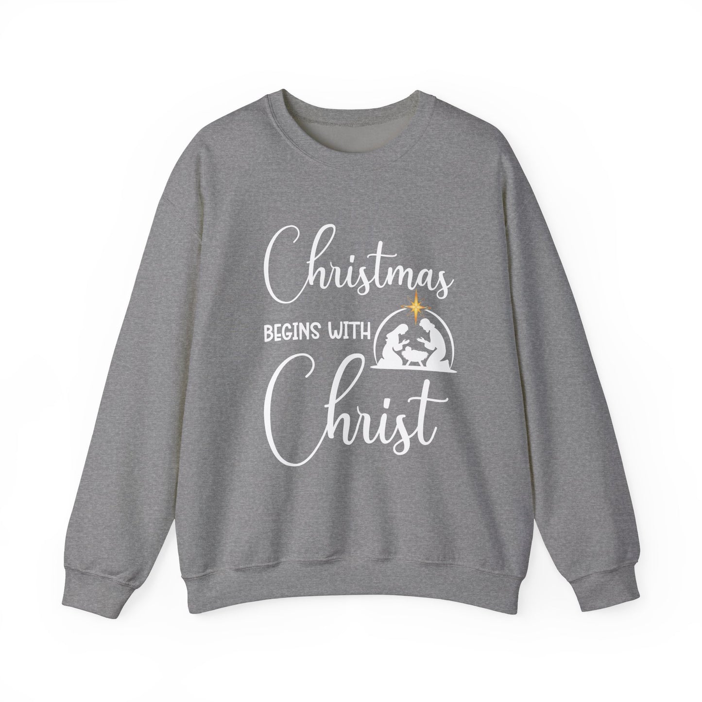 Christmas Begins with Christ Heavy Crewneck Sweatshirt (White/Gold Logo) - Sweet Baby Jeez Teez