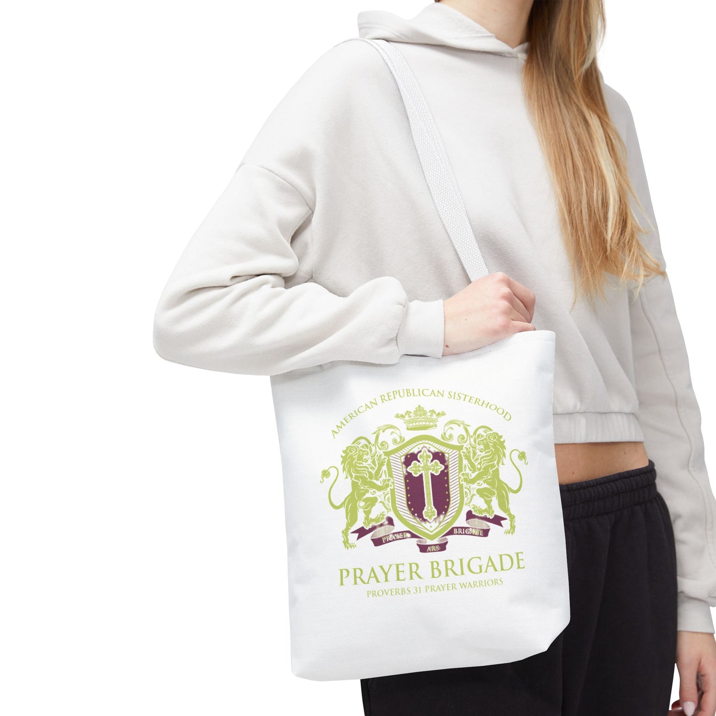ARS Prayer Brigade Tote Bag (White with Green/Purple Logo) - Sweet Baby Jeez Teez