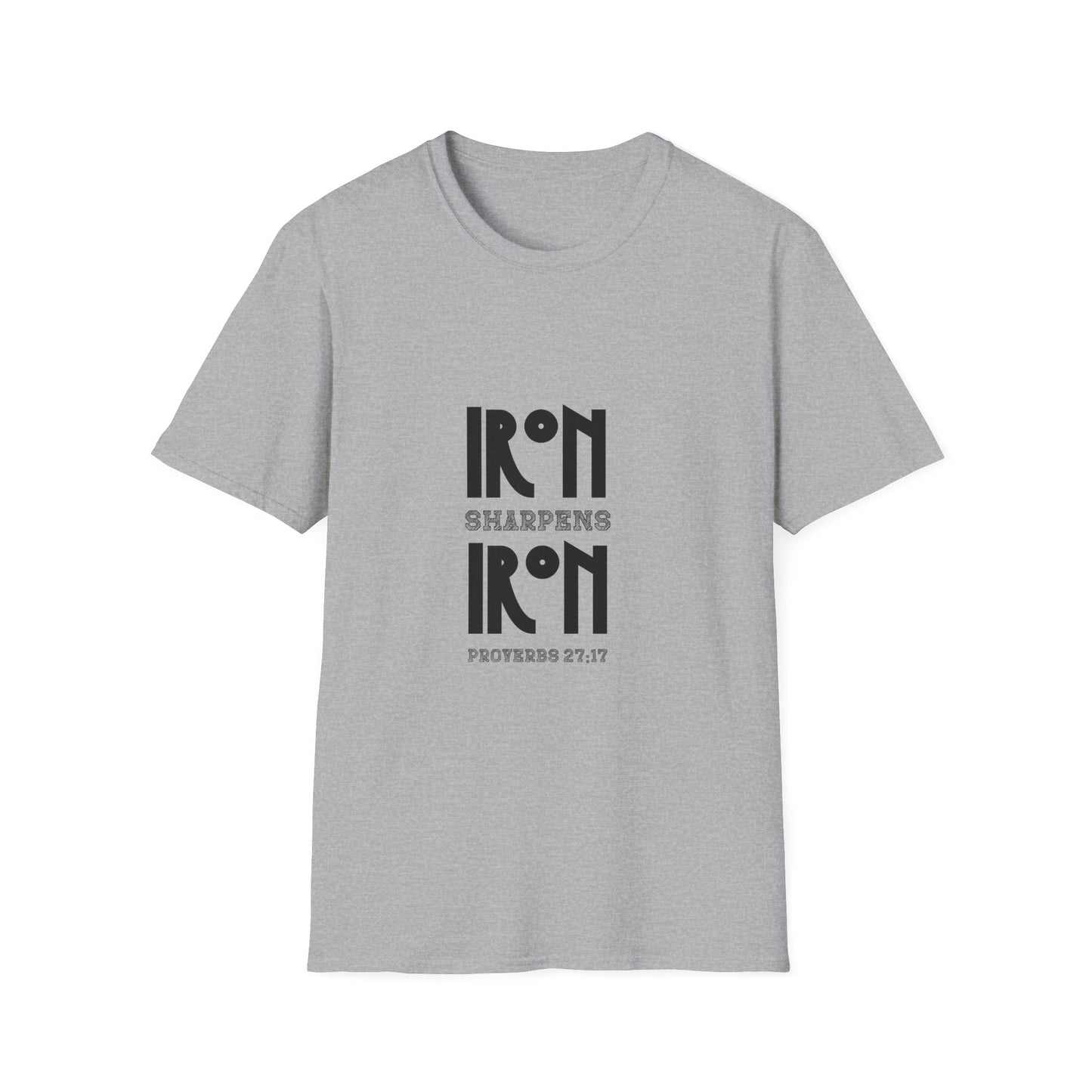 "Iron Sharpens Iron" Bible Verse Christian Inspirational Softstyle Tshirt (Black Logo)