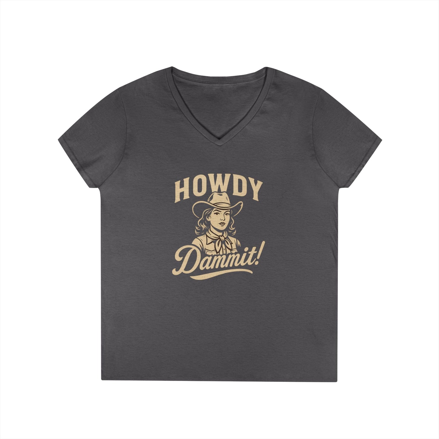 Howdy Dammit! Aggie Texas Cowgirl Ladies V-Neck Tshirt (Gold Logo)