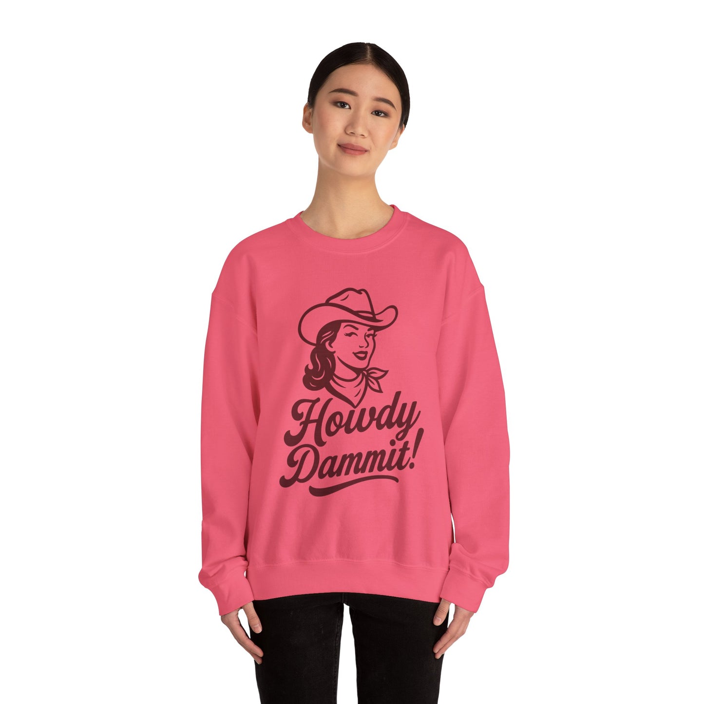 Howdy Dammit! Aggie Texas Cowgirl Cozy Unisex Sweatshirt (Maroon Logo)