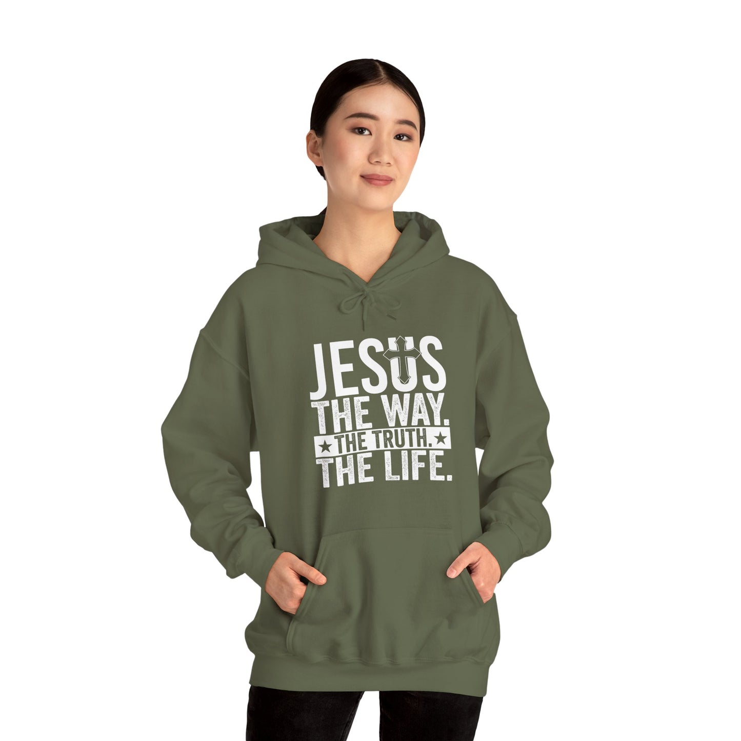 "Jesus The Way, The Truth, The Life" Heavy Fleece Unisex Hoodie (White Logo)