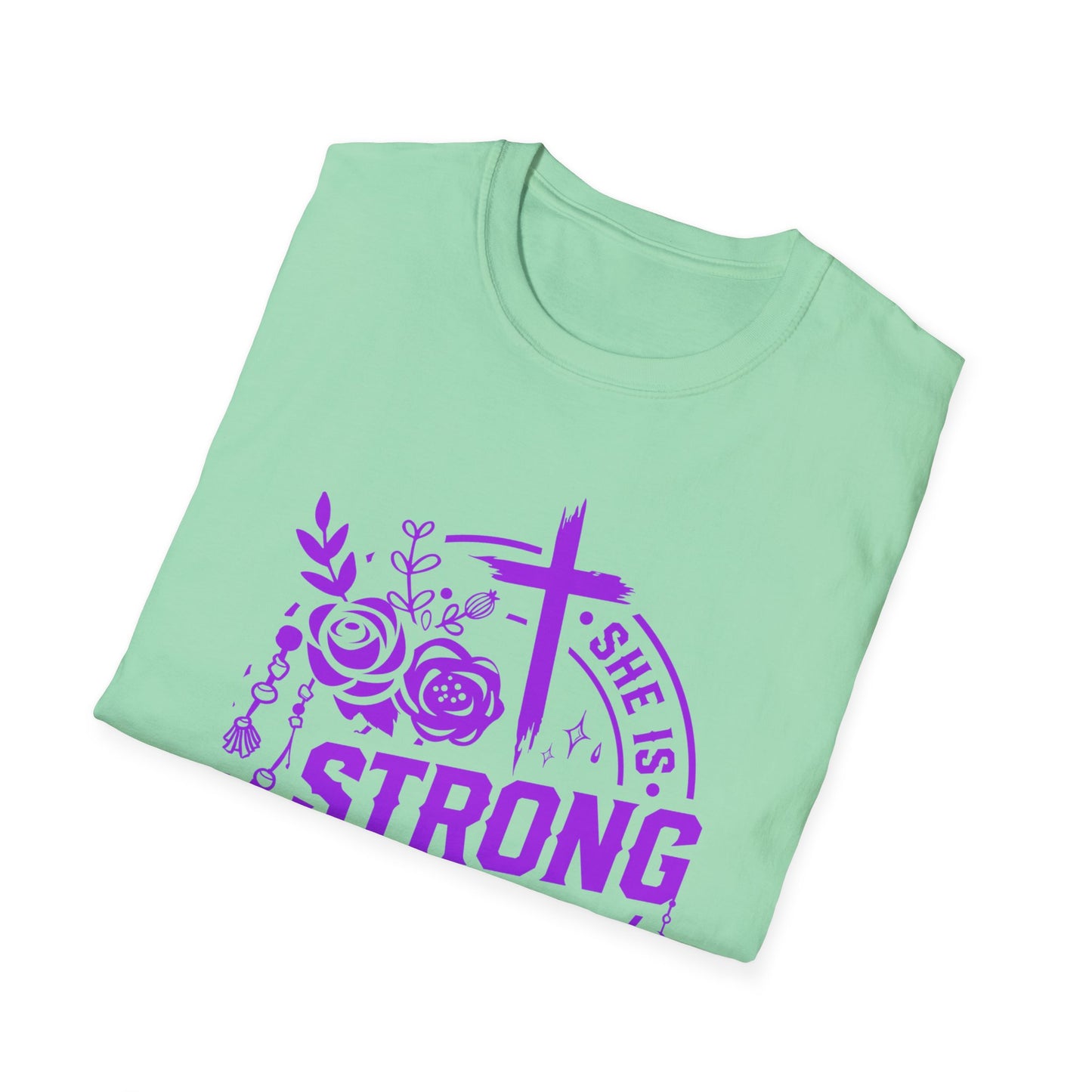 "She is Strong" Proverbs 31:25 Bible Verse Relaxed Tshirt (Hot Pink Logo)