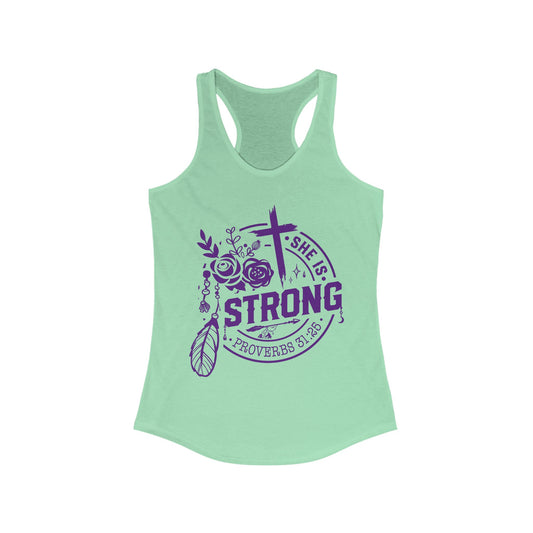 "She is Strong" Proverbs 31:25 Bible Verse Women's Racerback Tank (Plum Logo)