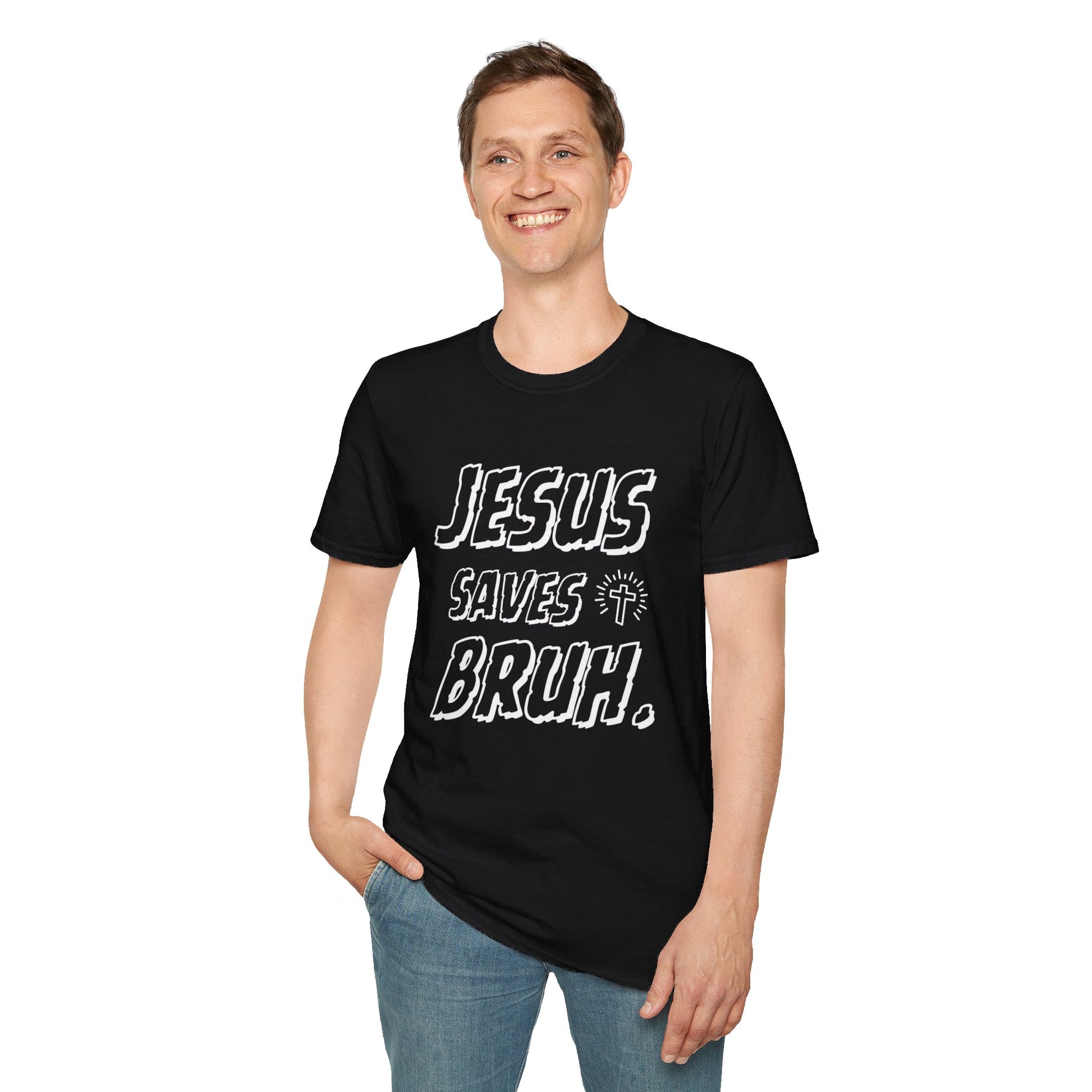 Jesus Saves Bruh Men's Tshirt (White Logo) - Sweet Baby Jeez Teez