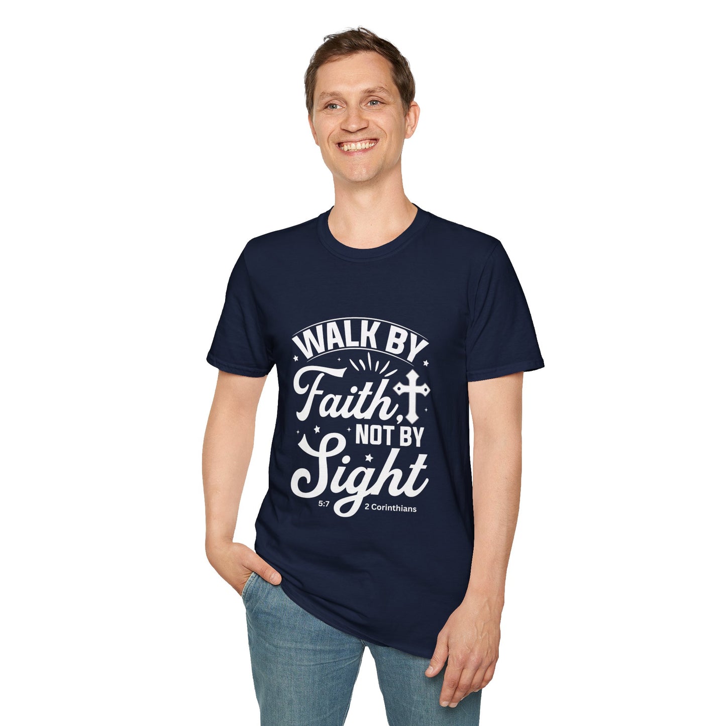 Walk by Faith 2 Corinth. 5:7 Bible Verse Christian Softstyle Tshirt (White Logo)