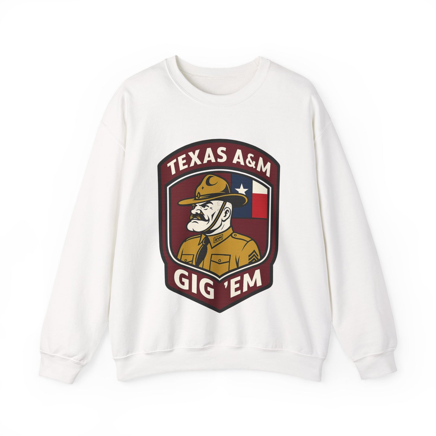 Gig 'Em Aggies Old Sarge Crest Texas A&M Soft Cozy Sweatshirt (Texas Flag Logo 3)