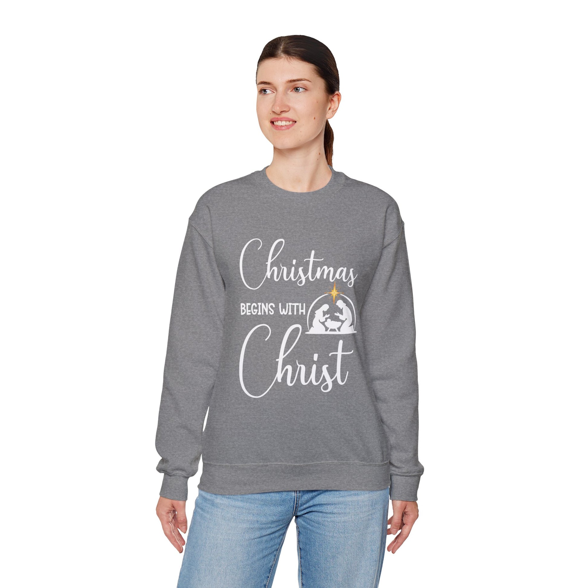 Christmas Begins with Christ Heavy Crewneck Sweatshirt (White/Gold Logo) - Sweet Baby Jeez Teez