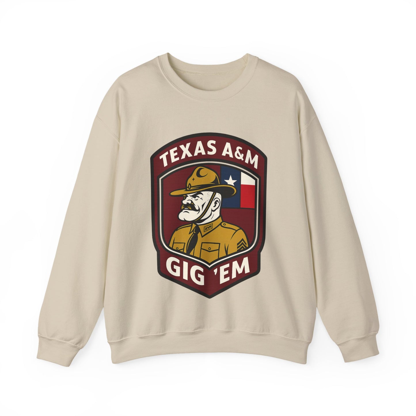 Gig 'Em Aggies Old Sarge Crest Texas A&M Soft Cozy Sweatshirt (Texas Flag Logo 3)