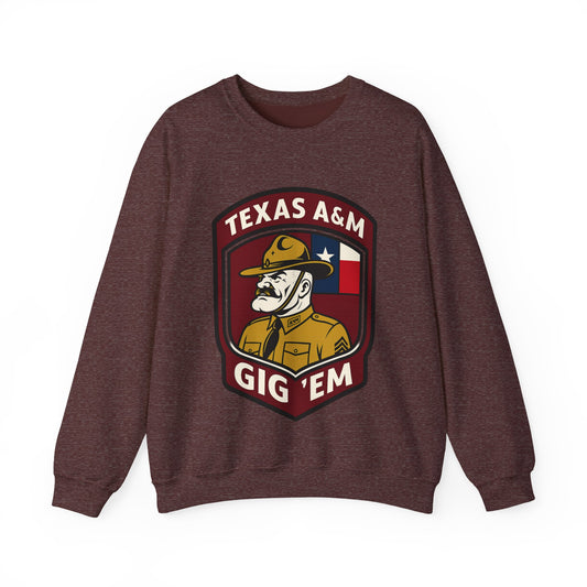 Gig 'Em Aggies Old Sarge Crest Texas A&M Soft Cozy Sweatshirt (Texas Flag Logo 3)