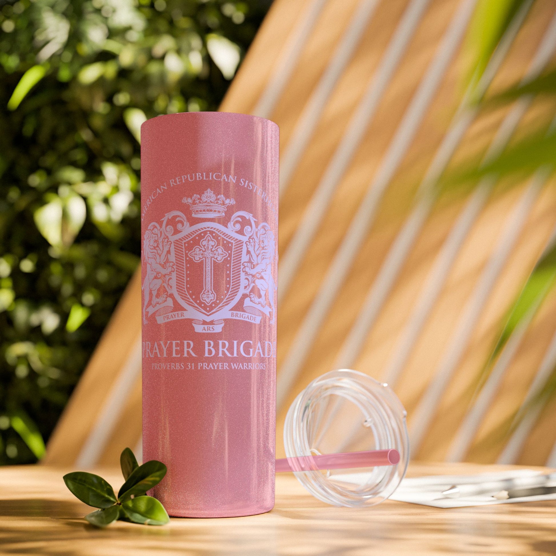 ARS Prayer Brigade Skinny Tumbler with Straw (20oz Glitter Pink with Lilac Logo) - Sweet Baby Jeez Teez