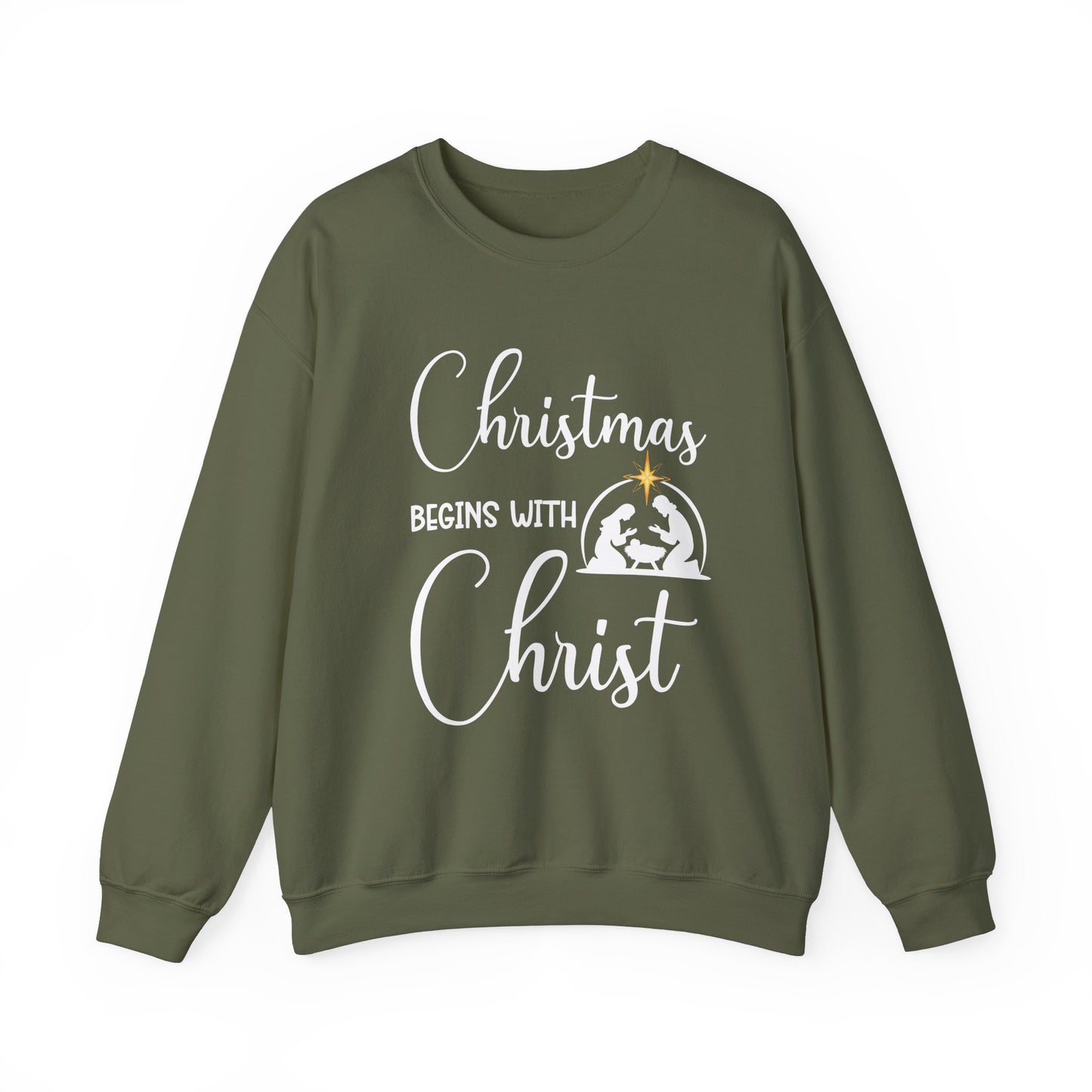 Christmas Begins with Christ Heavy Crewneck Sweatshirt (White/Gold Logo) - Sweet Baby Jeez Teez