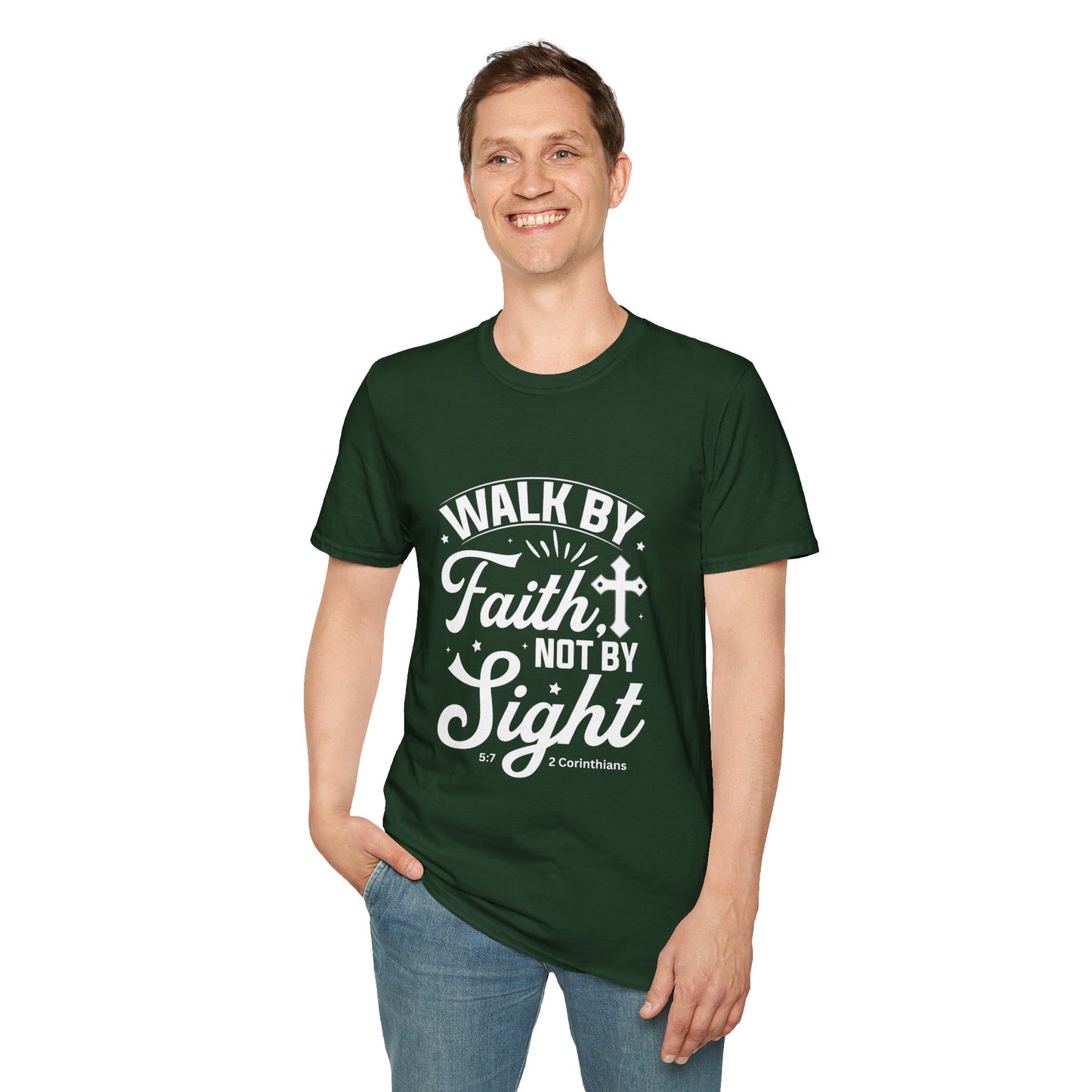 Walk by Faith 2 Corinth. 5:7 Bible Verse Christian Softstyle Tshirt (White Logo)