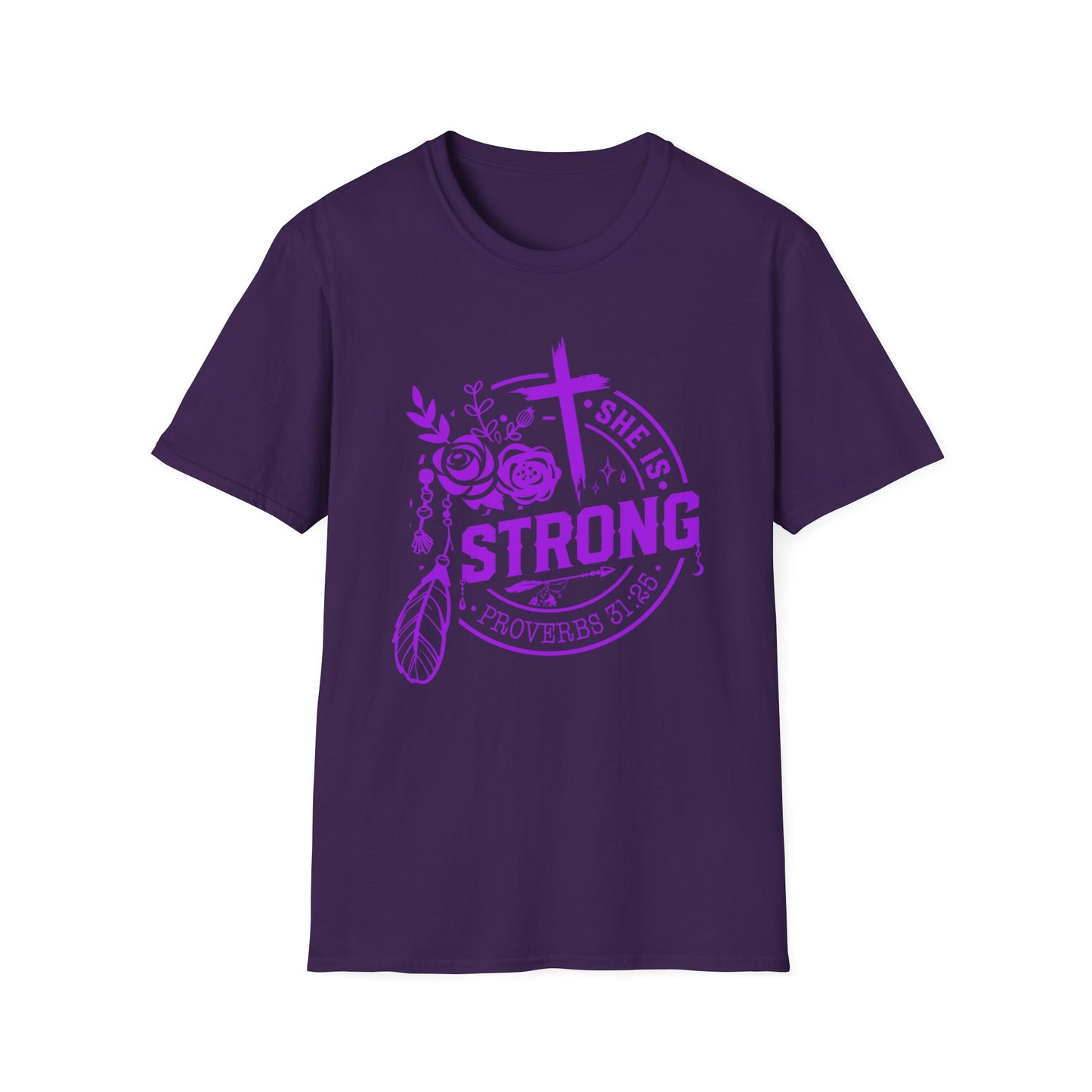 "She is Strong" Proverbs 31:25 Bible Verse Relaxed Tshirt (Hot Pink Logo)