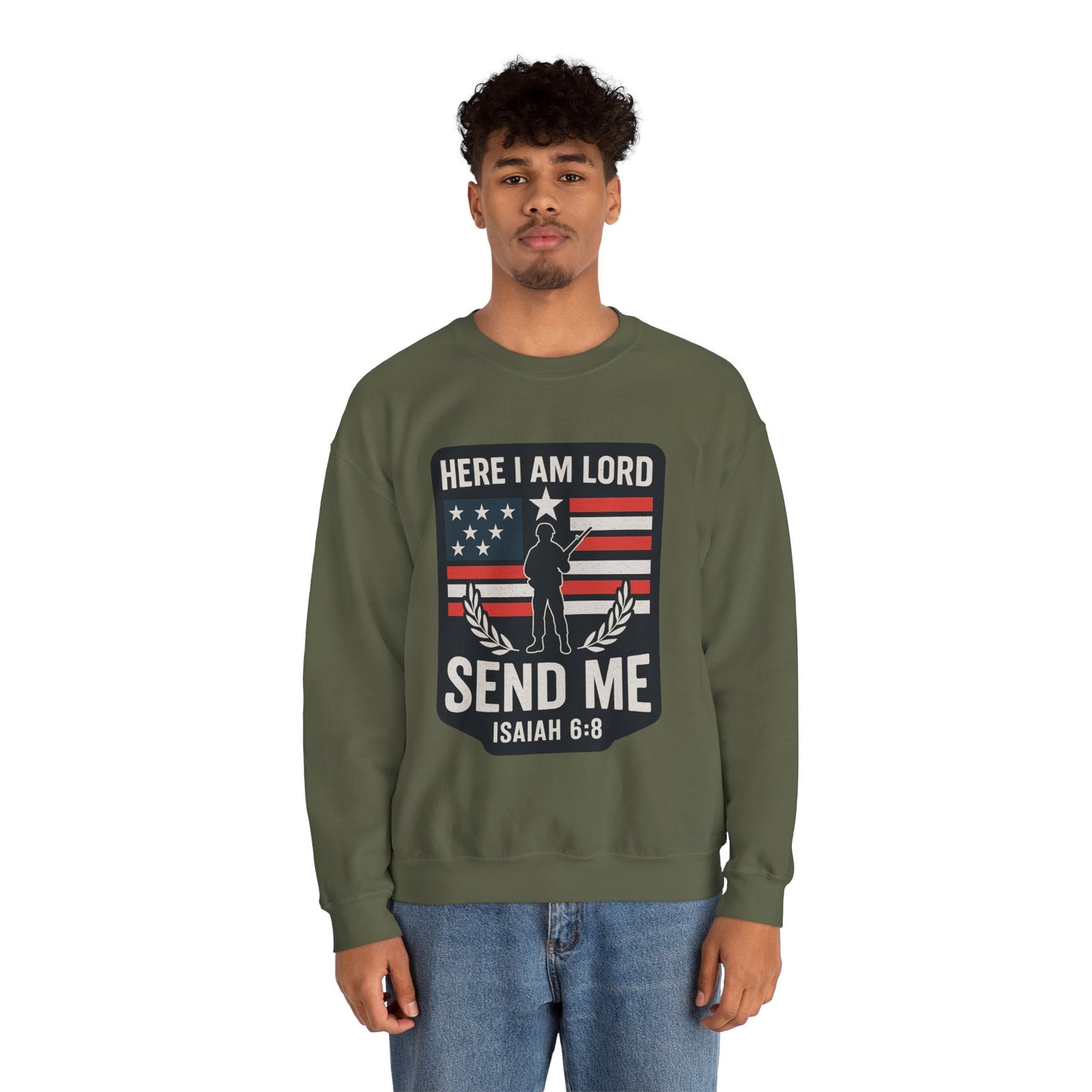 "Here I Am Lord" Isaiah 6:8 Bible Verse Christian Sweatshirt (Soldier Logo)