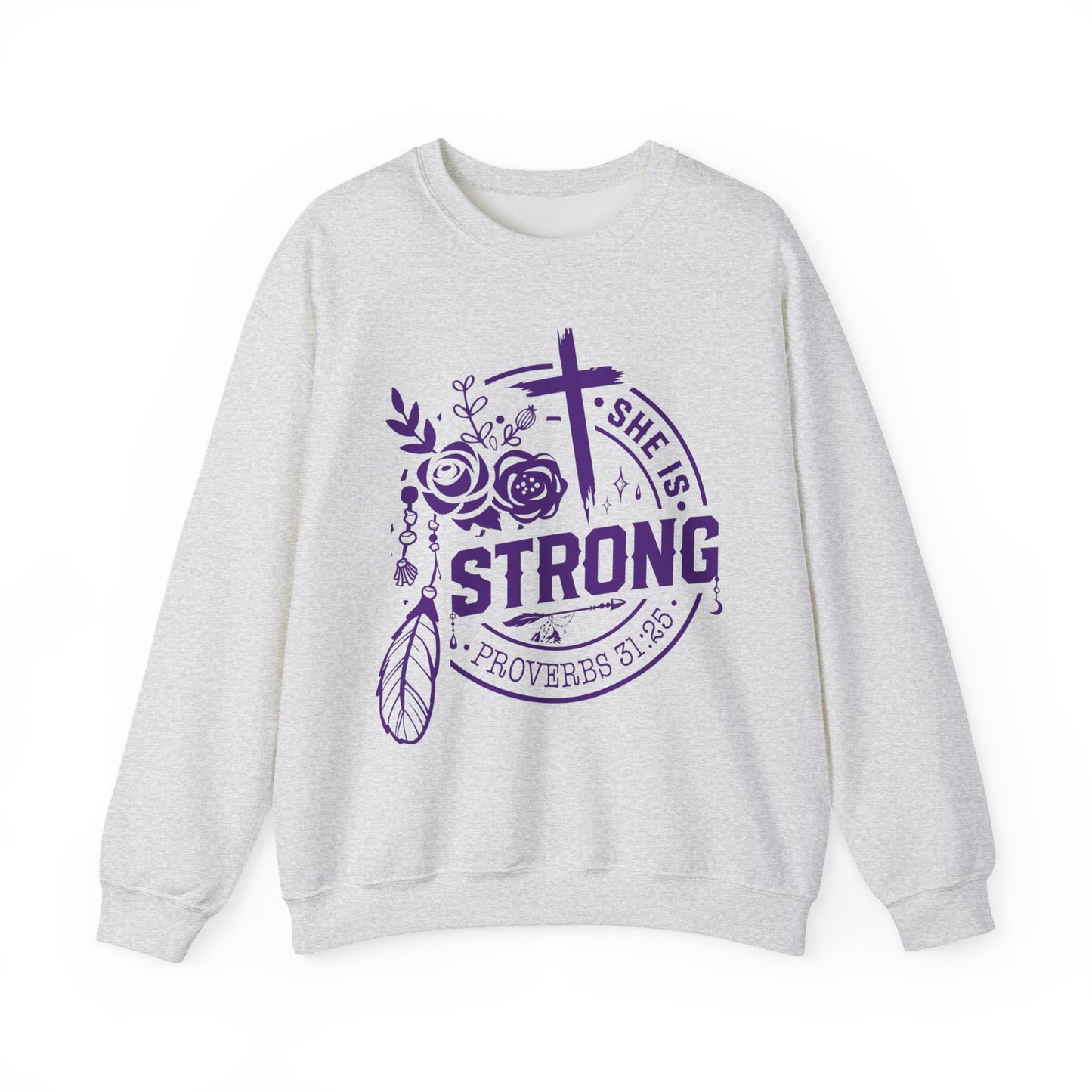 "She is Strong" Proverbs 31:25 Bible Verse Women's Sweatshirt (Plum Logo)