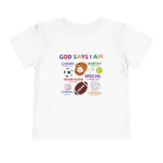 God Says I am Toddler Boys Tshirt (Sports Logo) - Sweet Baby Jeez Teez