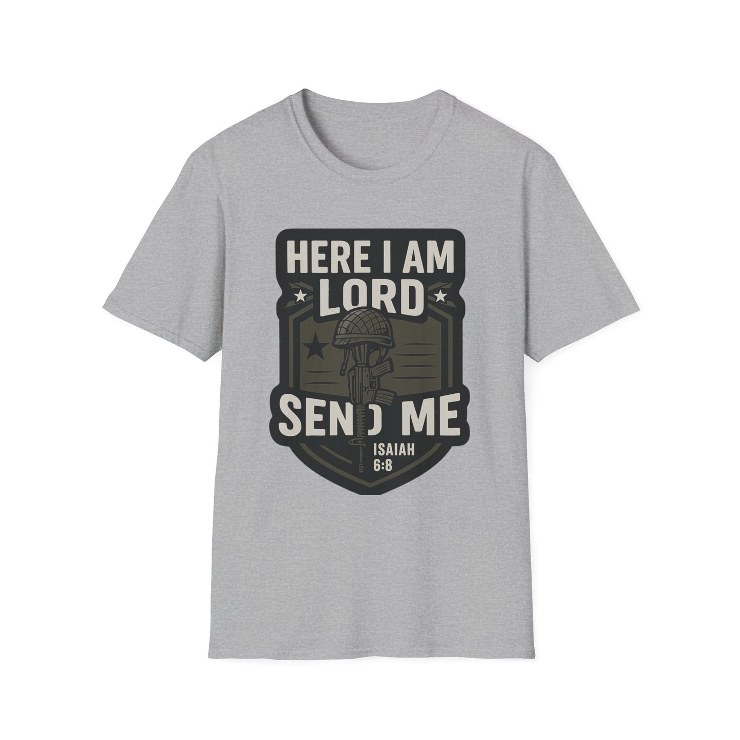 "Here I Am Lord Send Me" Bible Verse Inspirational Faith T-Shirt (Military Logo)