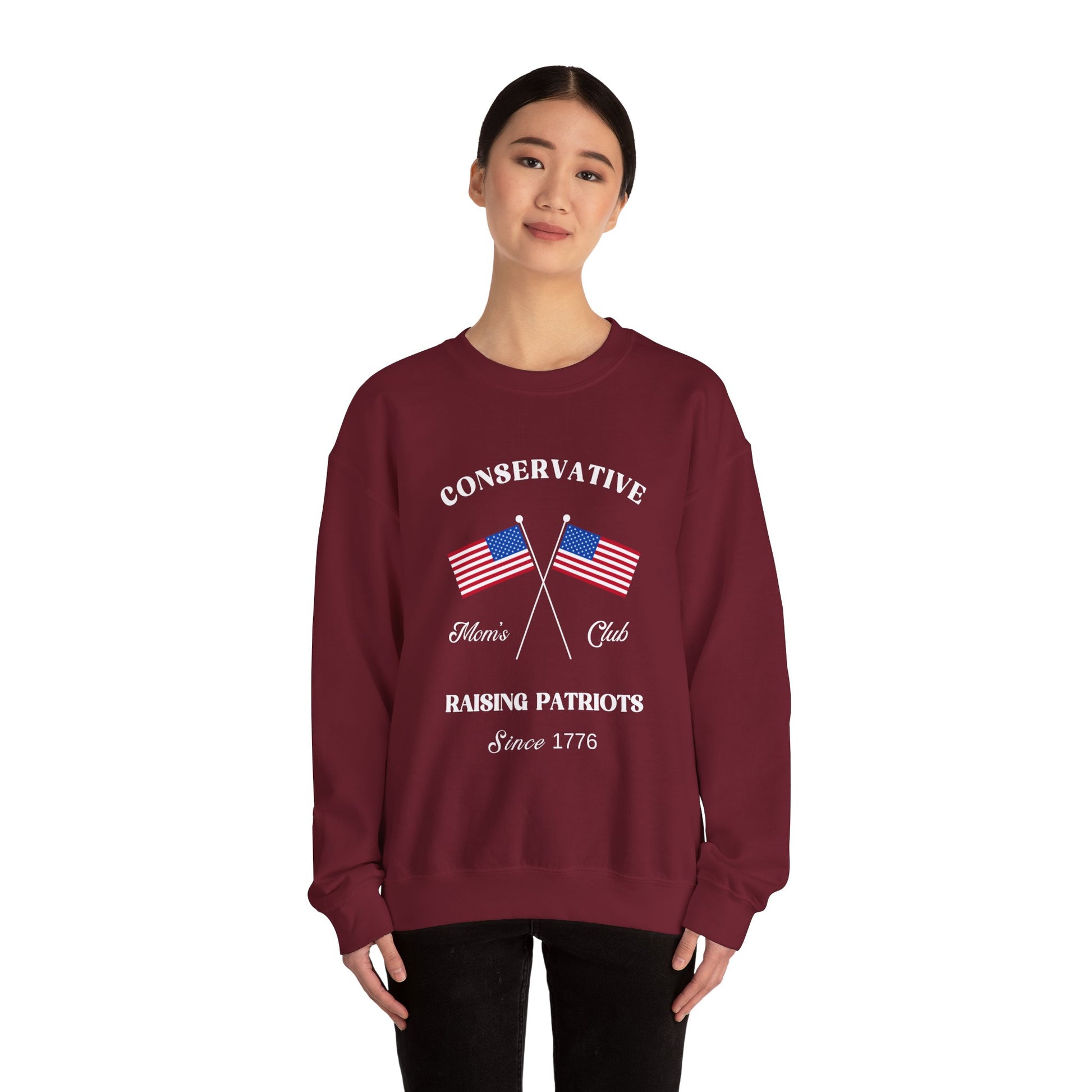 Conservative Mom's Club Crewneck Sweatshirt - Raising Patriots Since 1776 (White Logo) - Sweet Baby Jeez Teez
