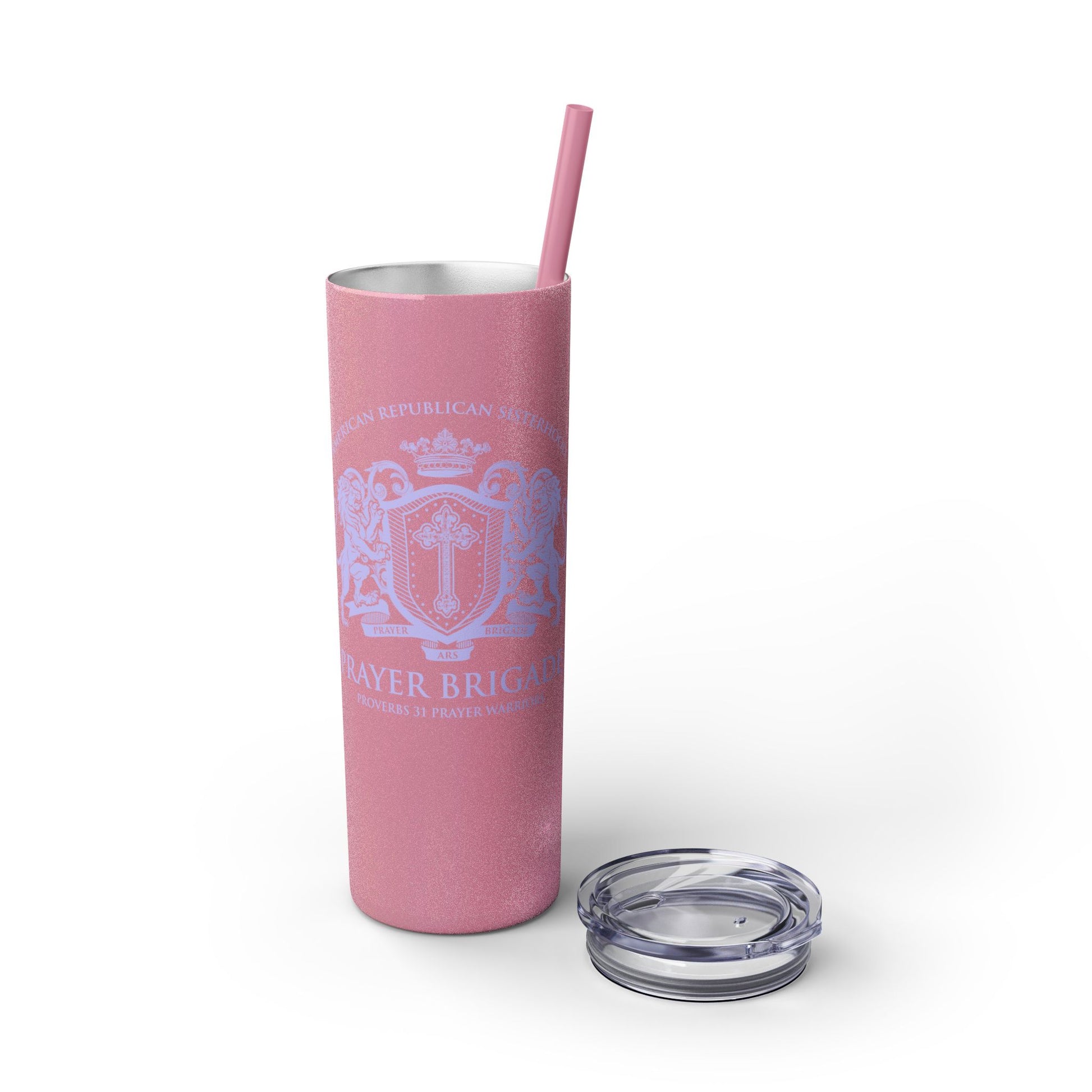 ARS Prayer Brigade Skinny Tumbler with Straw (20oz Glitter Pink with Lilac Logo) - Sweet Baby Jeez Teez