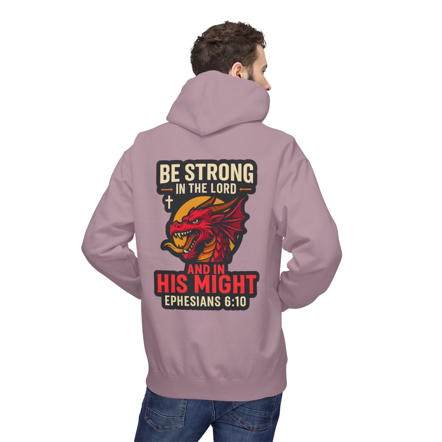 "Be Strong" Bible Verse Dragon Fleece Hoodie (Back Logo)