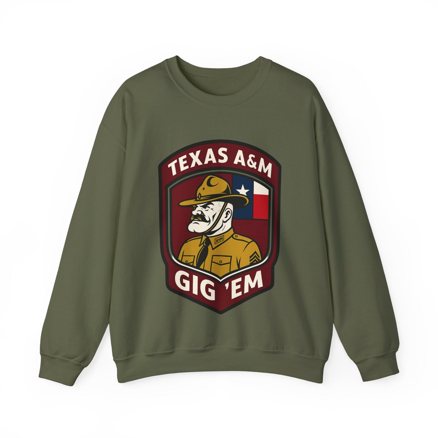 Gig 'Em Aggies Old Sarge Crest Texas A&M Soft Cozy Sweatshirt (Texas Flag Logo 3)